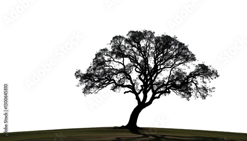 Single, majestic tree silhouetted against a pure white backdrop,  bark,  roots