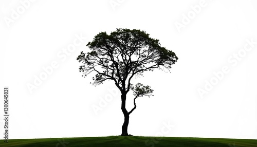 Single, majestic tree silhouetted against a pure white backdrop, leaf, silhouette