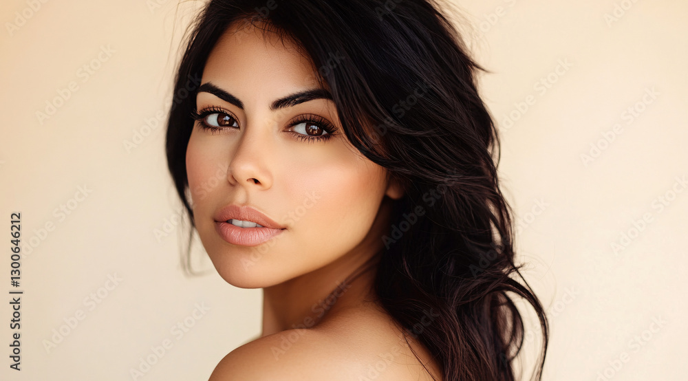 Fototapeta premium portrait of an attractive Latina woman with dark hair,clear skin,cosmetic,beige background