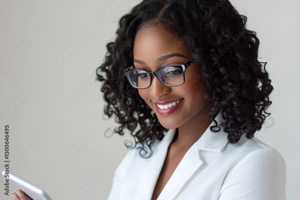 Professional woman smiling while using smartphone in modern office setting during daytime Professional woman smiling while using smartphone in modern office setting during daytime