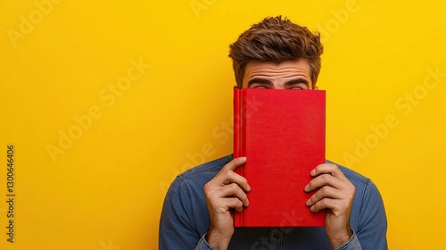 Man hiding half of his face behind a red book against a bright yellow background. Concept of mystery, knowledge, and curiosity.