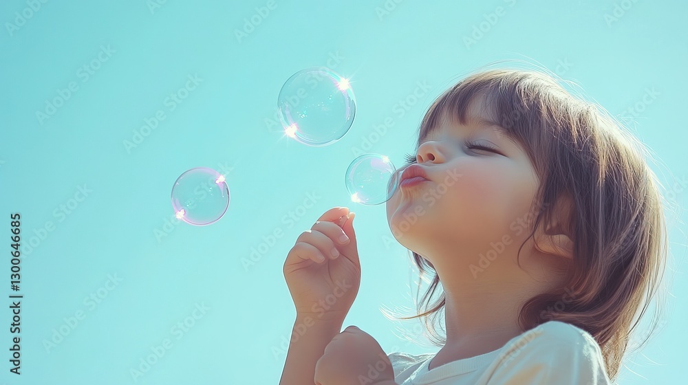A child blows bubbles into the air against a soft sky-blue background. Playful moments. Concept of innocence, joy, and lighthearted fun.