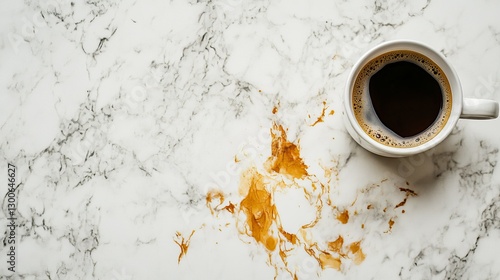 Mug with coffee stains scattered across a marble countertop, left unattended. Concept of morning rush, daily routine, and caffeine addiction.