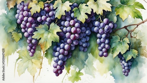  Watercolor grapes on vine with lush green leaves.