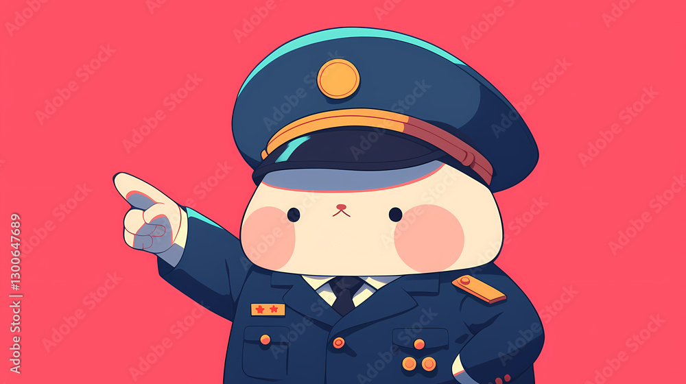 Cute cartoon character in a police uniform pointing, set against a vibrant pink background Cute cartoon character in a police uniform pointing, set against a vibrant pink background