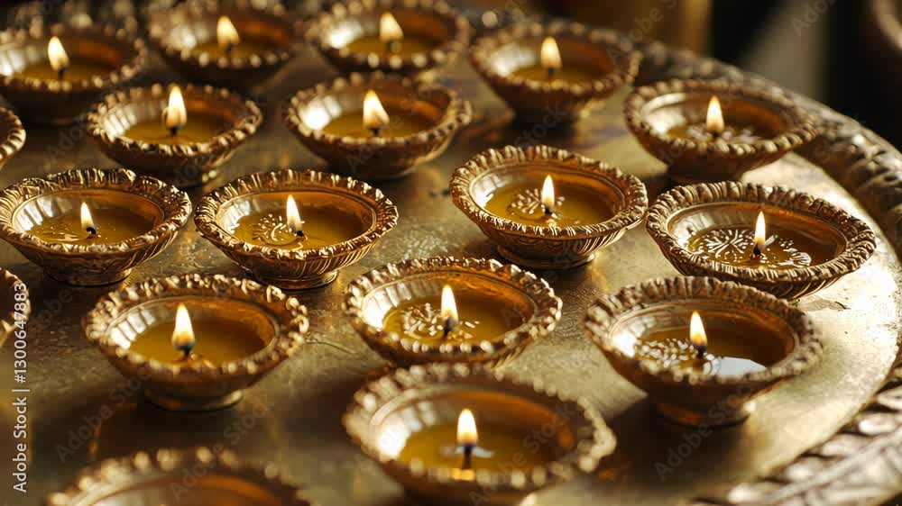 Warm glow of decorative oil lamps on a metal tray during a festive celebration in a cultural setting at night Warm glow of decorative oil lamps on a metal tray during a festive celebration in a cultural setting at night