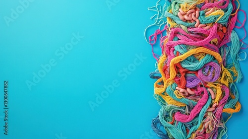 A human stomach made of colorful tangled threads on a blue background with a banner for copy space. Concept of digestive health and gut issues.