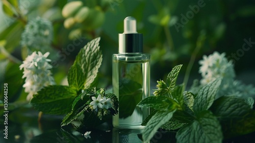 Glass bottle of peppermint oil on the background of green fresh sprigs of mint blossom as a banner or flyer concept for aromatherapy and phytotherapy sessions and for a massage parlor