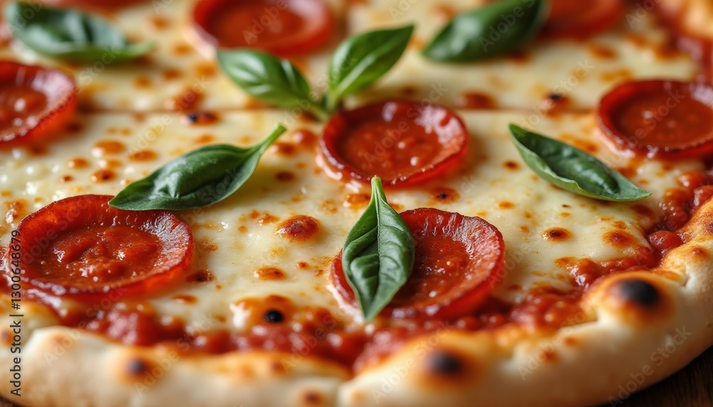 Close-up of delicious pepperoni pizza with golden-brown crust, melted cheese, tomato sauce, pepperoni slices, and fresh basil leaves. Food-related content, restaurant menus, or culinary blogs. Close-up of delicious pepperoni pizza with golden-brown crust, melted cheese, tomato sauce, pepperoni slices, and fresh basil leaves. Food-related content, restaurant menus, or culinary blogs.