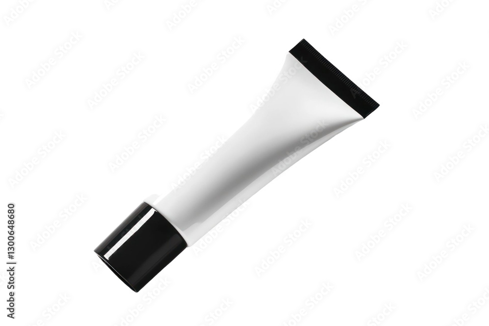Isolated white tube with black cap against a transparent backdrop showcasing product presentation for beauty cream or cosmetic application Isolated white tube with black cap against a transparent backdrop showcasing product presentation for beauty cream or cosmetic application