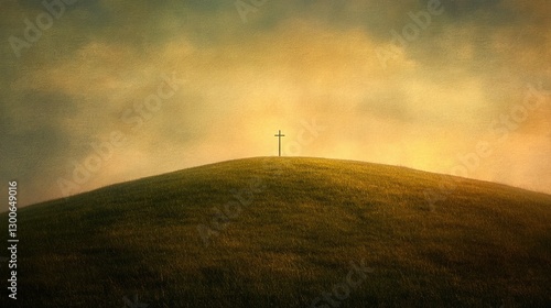 A solitary cross stands tall on a gentle grassy hill, bathed in a radiant, golden light at sunrise, evoking a serene and tranquil atmosphere.