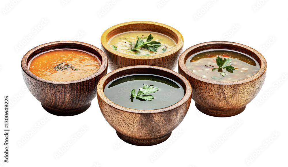 Delicious array of nutrient-rich soups in wooden bowls for healthy dining experience and meal planning inspiration, cut out Delicious array of nutrient-rich soups in wooden bowls for healthy dining experience and meal planning inspiration, cut out