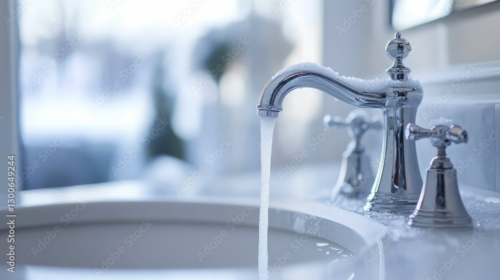 Cold water flows from a frosty bathroom faucet. Cold water flows from a frosty bathroom faucet.