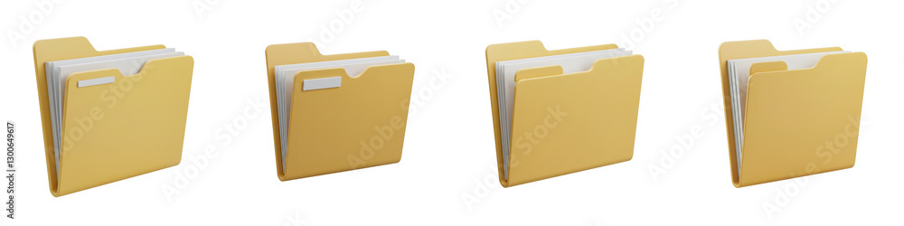 Four Yellow Folders Filled with White Papers on Transparent Background Four Yellow Folders Filled with White Papers on Transparent Background