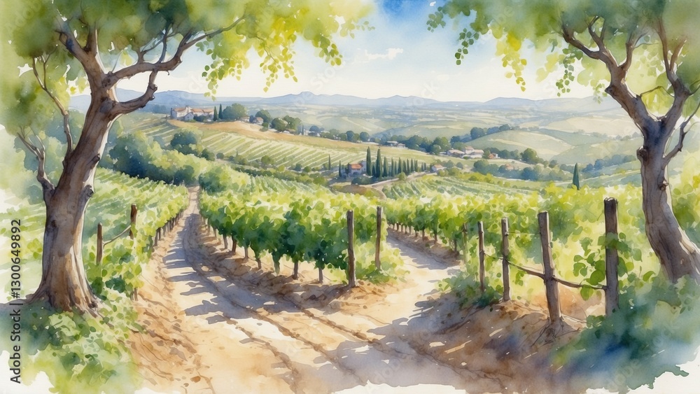 Naklejka premium Scenic vineyard landscape in watercolor painting.