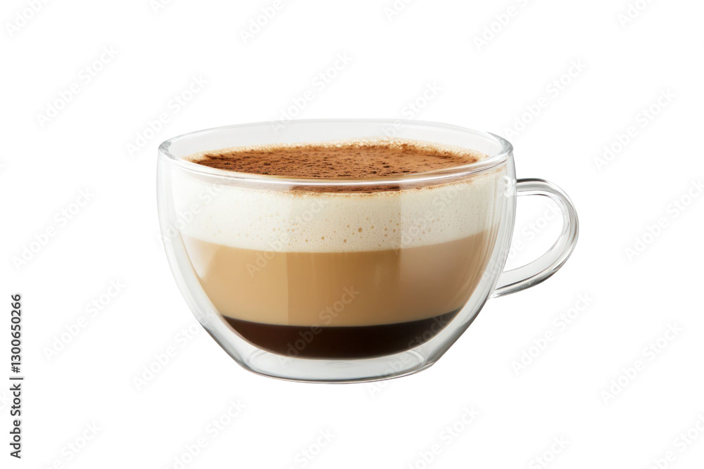 Layered coffee drink in a transparent glass cup with cocoa powder on a black background