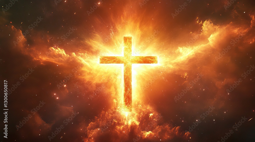 Fototapeta premium Christian Easter concept with a radiant cross in the sky symbolizing faith in Jesus Christ salvation and eternal life.