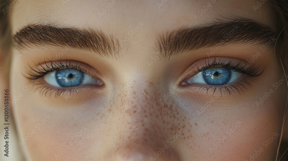 Close-up of blue eyes with neatly groomed eyebrows, highlighting natural beauty and facial care. Young female model with well-kept skin. Concept of beauty, fashion, appearance, self care. Close-up of blue eyes with neatly groomed eyebrows, highlighting natural beauty and facial care. Young female model with well-kept skin. Concept of beauty, fashion, appearance, self care.