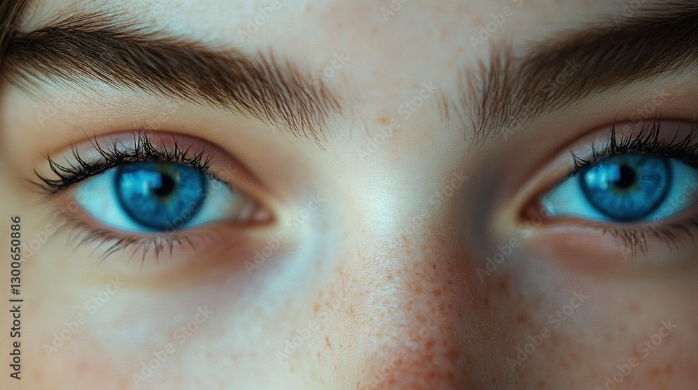 Close-up of blue eyes with neatly groomed eyebrows, highlighting natural beauty and facial care. Young female model with well-kept skin. Concept of beauty, fashion, appearance, self care. Close-up of blue eyes with neatly groomed eyebrows, highlighting natural beauty and facial care. Young female model with well-kept skin. Concept of beauty, fashion, appearance, self care.