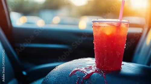 Cup with soda spilling across a car seat during a road trip. Concept of adventure, travel hiccups, and spontaneous moments.