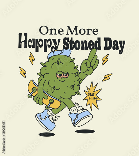 marijuana bump character smiles WITH SKATE , retro vector, PRINT ON T-SHIRT