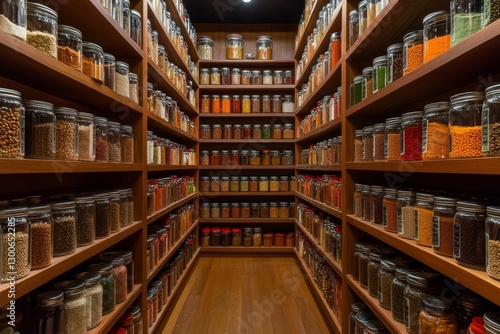 Wallpaper Mural A tidy pantry features a prominently displayed jar of honey among neatly organized shelves filled with spices and grains, exuding warmth and order Torontodigital.ca