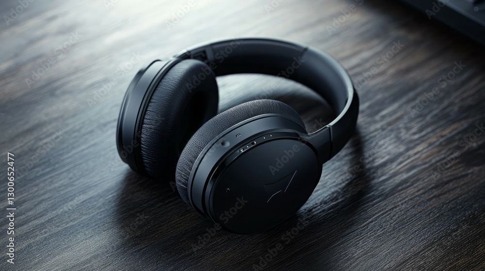 Sleek black over-ear headphones rest on a dark wooden surface. Sleek black over-ear headphones rest on a dark wooden surface.