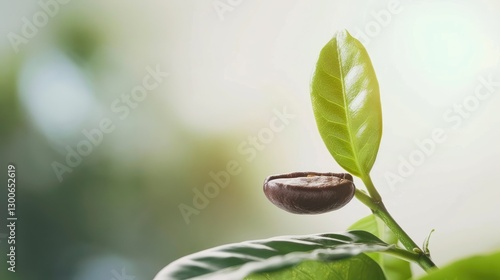 Close-up of a glossy coffee bean resting on a vibrant green leaf, surrounded by a softly blurred natural background