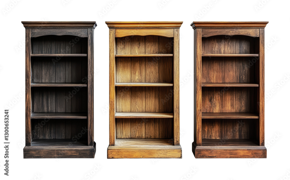 Different styles of wooden bookcases on display showcasing unique finishes and designs for storage solutions, cut out Different styles of wooden bookcases on display showcasing unique finishes and designs for storage solutions, cut out