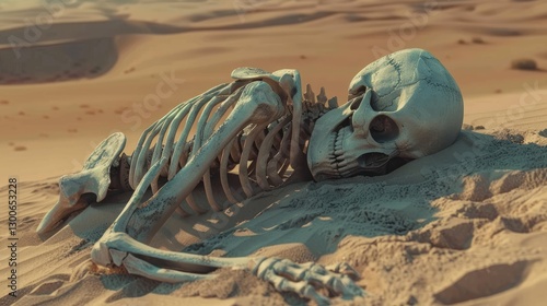 Obraz na płótnie A human skeleton lies on the sandy desert floor, surrounded by dunes under a clear blue sky, evoking mystery w salonie