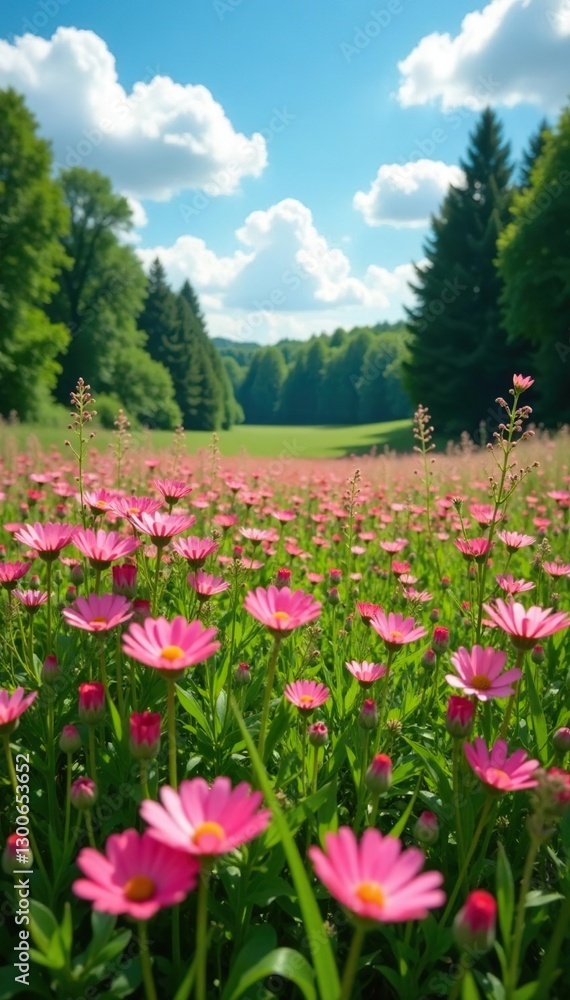 A field of pink wildflowers stretches towards the sky amidst a lush green meadow and towering trees, green, blossoms A field of pink wildflowers stretches towards the sky amidst a lush green meadow and towering trees, green, blossoms