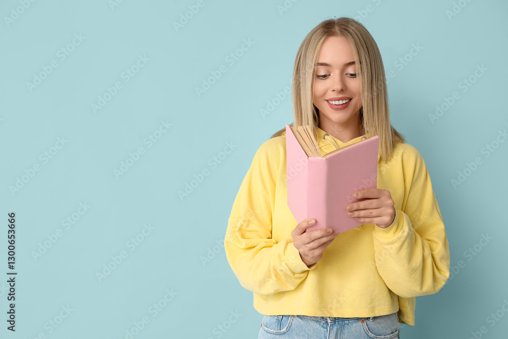 Beautiful young happy woman reading book on blue background Beautiful young happy woman reading book on blue background