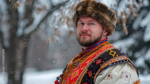 Portrait of a man in traditional winter attire with a fur hat, surrounded by snow-covered trees in a serene landscape