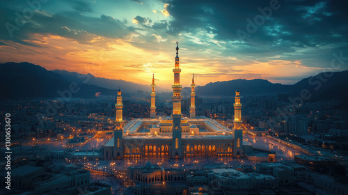 Stunning Twilight Panoramic View of Al Masjid Al Nabawi in Al Madinah Al Munawwarah, Saudi Arabia, with the Prophet’s Mosque Glowing in Spiritual Serenity