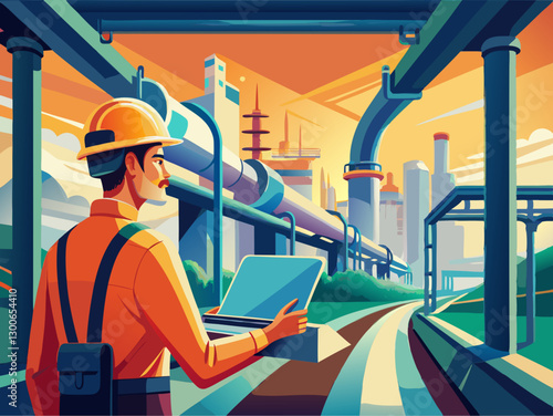 Industrial Safety: Engineer Overseeing Modern Oil Refinery Pipeline Operations at Sunset