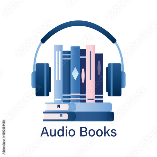 Audio book concept, isolated on white background. Online education and learning. Headphones and stack of books. Internet library, interesting literature in earphones.