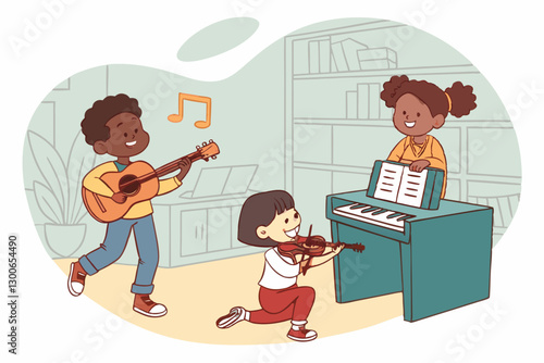 Diverse Kids Joyfully Making Music Together with Guitar, Violin, and Piano in a Playful Setting