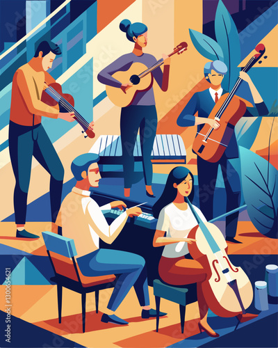 Vibrant Contemporary Orchestra: Musicians Playing Instruments in Abstract Geometric Setting