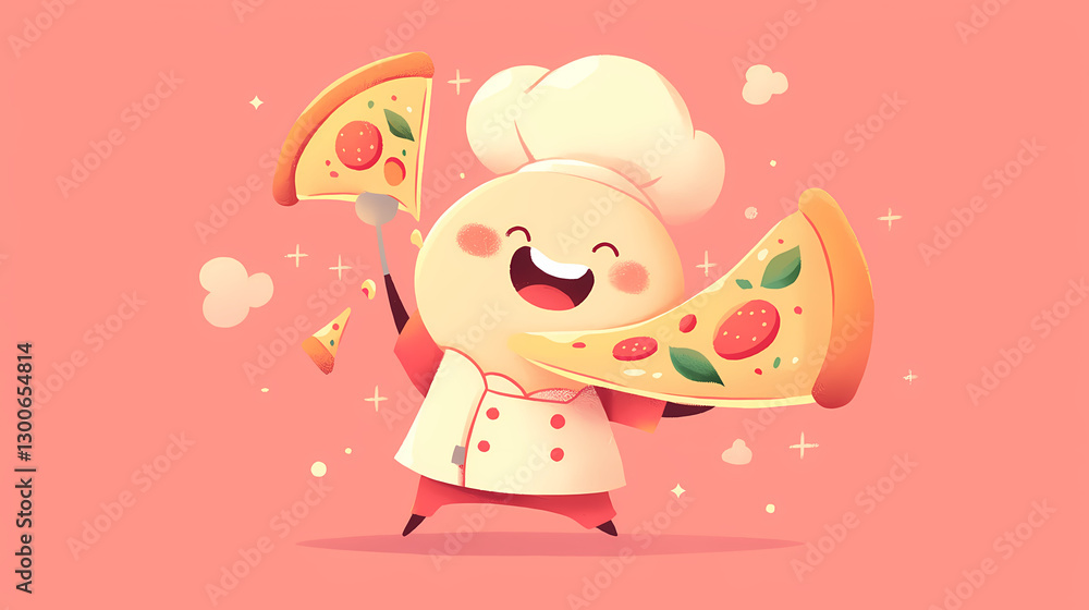 Cheerful cartoon chef joyfully serving delicious pizza slices against a vibrant pink background Cheerful cartoon chef joyfully serving delicious pizza slices against a vibrant pink background