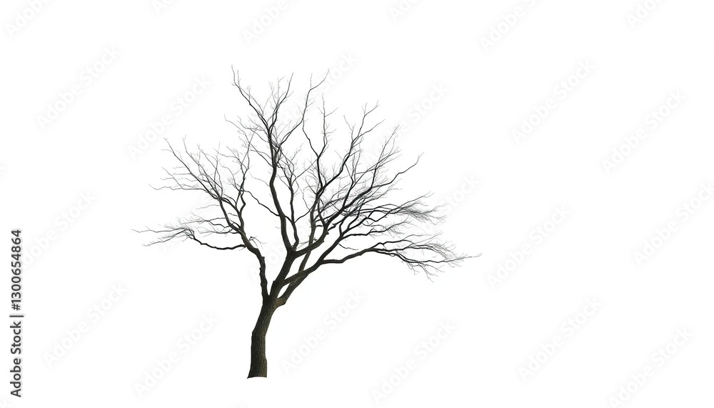 Fototapeta premium Lone deciduous tree, stark branches against pure white, flora, single