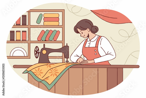 Woman Sewing at Home: Cozy Domestic Scene with Sewing Machine and Books in a Vintage Style