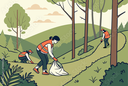 Volunteers Cleaning Forest Trail and Collecting Trash for Environmental Conservation