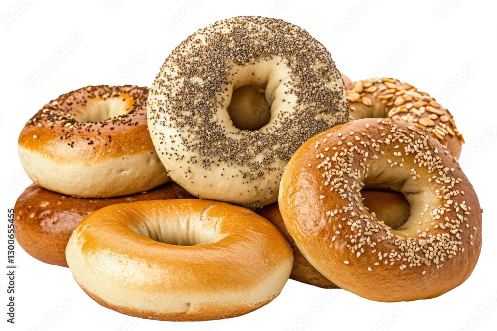 Pile of fresh baked bagels with different toppings and golden brown color. Transparent background Pile of fresh baked bagels with different toppings and golden brown color. Transparent background
