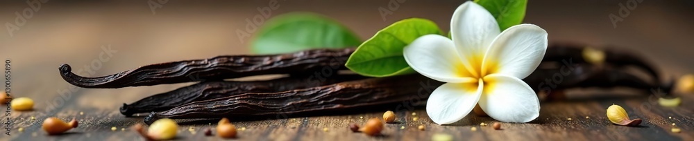 Vanilla pods with Jasmine flowers tied in a bundle, twine, flowers, jasmine Vanilla pods with Jasmine flowers tied in a bundle, twine, flowers, jasmine