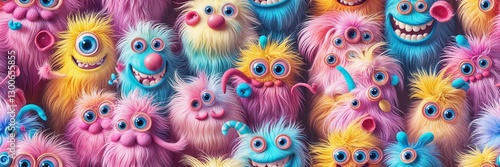 A lively array of colorful fuzzy creatures brings a whimsical touch to the seamless pattern background. Their varied expressions and bright hues make it perfect for fun, playful projects