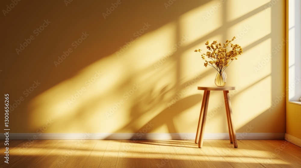 Fototapeta premium A clean mustard yellow wall serves as a backdrop for a single wooden stool, creating an ideal space for product displays and design mockups