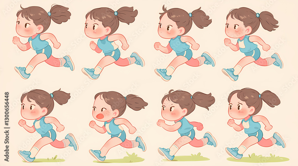 Animated sequence of a young girl running energetically in various poses on a light background Animated sequence of a young girl running energetically in various poses on a light background