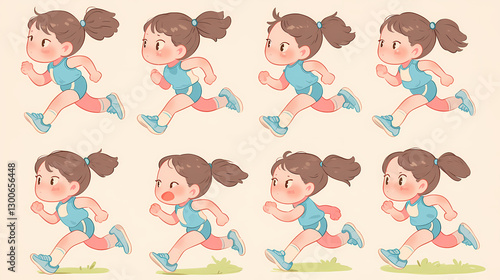 Animated sequence of a young girl running energetically in various poses on a light background
