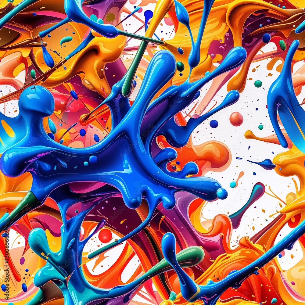 Obraz premium Dynamic pattern showcases an array of vivid colors in playful paint splashes, creating an energetic and eye-catching design ideal for various artistic applications and backgrounds