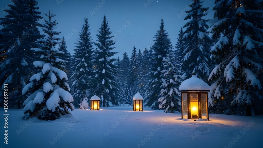 Fototapeta premium Design a cozy winter wonderland with snow-covered pine trees and warm glowing lanterns.